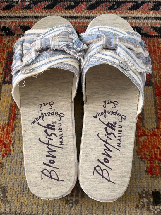 Blowfish Shoes - Blowfish Light Blue & White Striped Frayed Slide Sandals